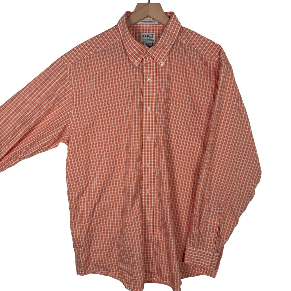 LL Bean Gingham Button Down Shirt Mens Large Reg Orange White Wrinkle Resistant